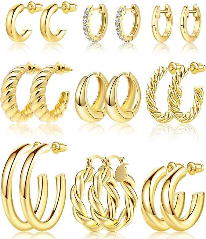 Adoyi 9 Pairs Gold Hoop Earrings Set for Women Gold Twisted Huggie Hoops Earrings 14K Plated Ligh... | Amazon (US)