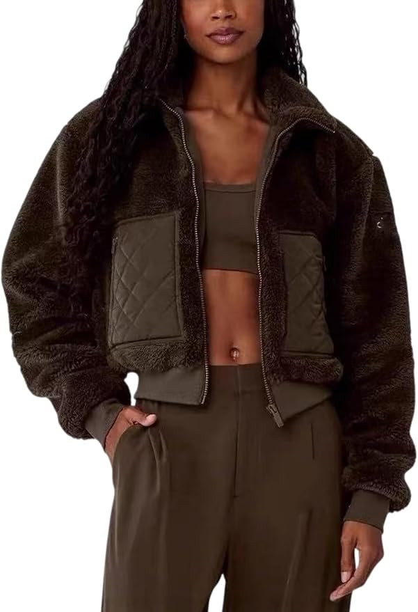 Perbai Womens Cropped Fleece Jacket Lapel Zip Up Long Sleeve Loose Fuzzy Sherpa Patchwork Coat wi... | Amazon (US)