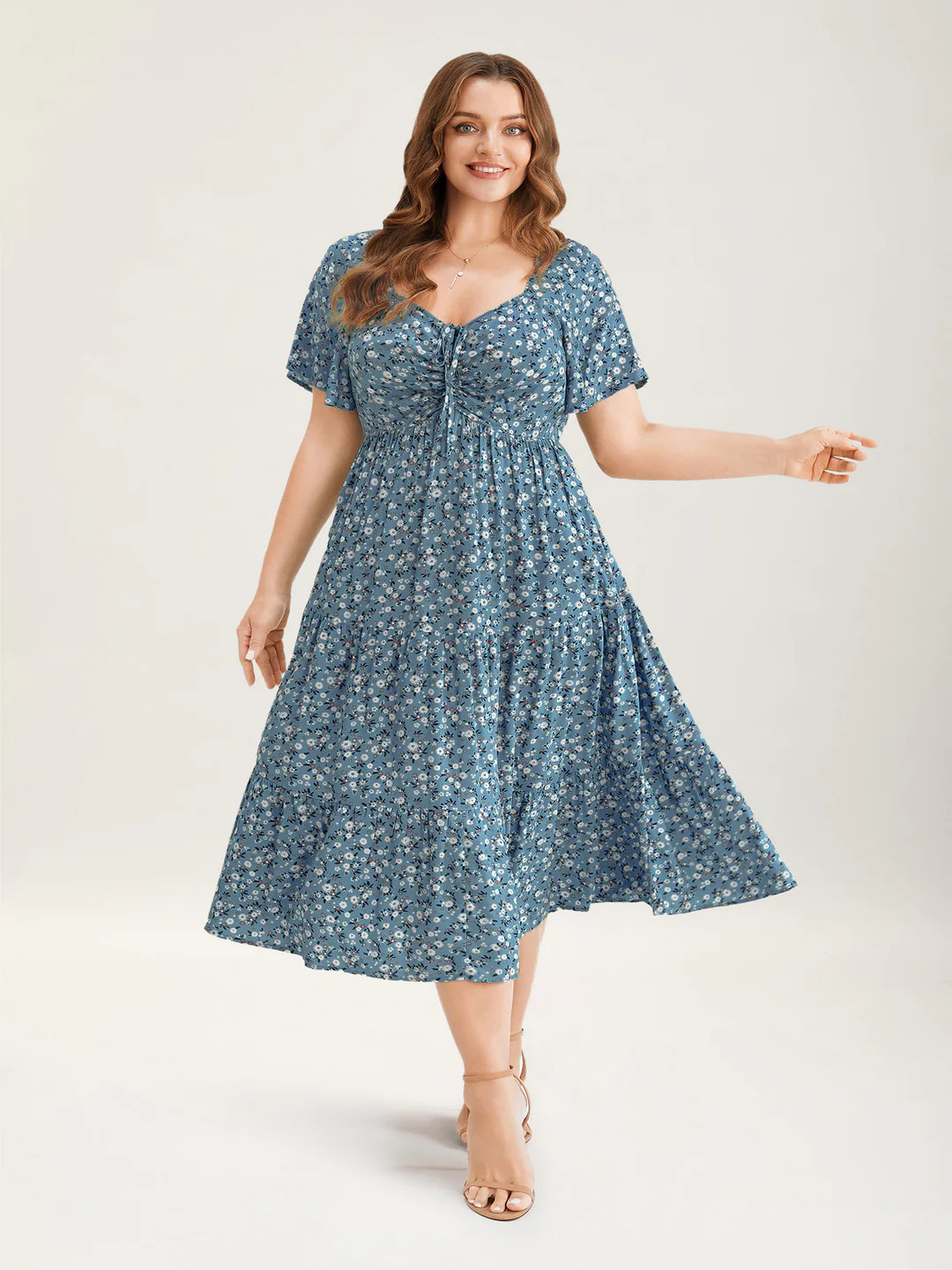 Ditsy Floral Drawstring Ruched Pocket Ruffle Tiered Dress | Bloomchic