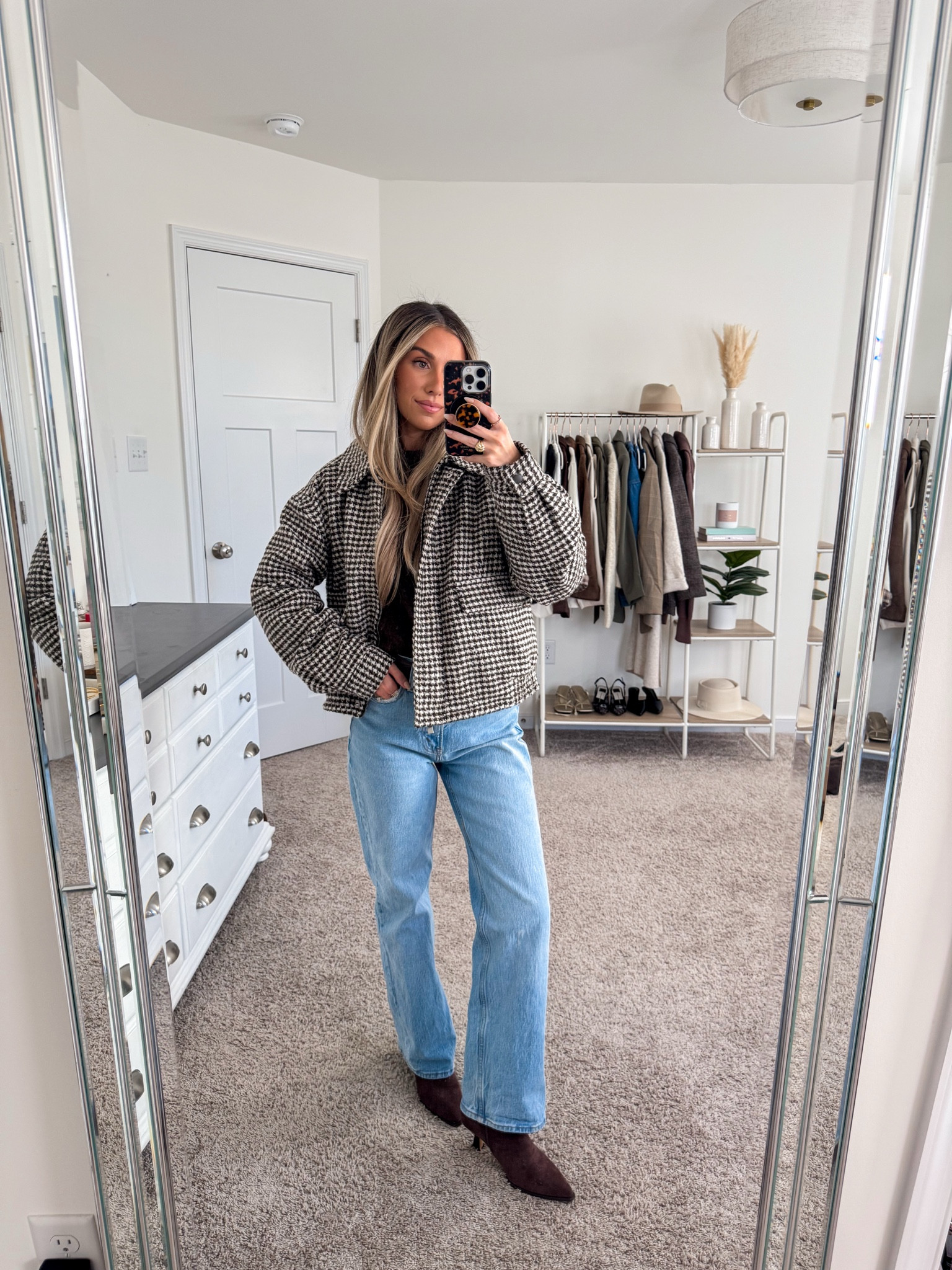 Target houndstooth jacket: small
Target sweater: medium 
Abercrombie 90s relaxed jeans: 24 short 

#LTKSeasonal #LTKHoliday #LTKFindsUnder100