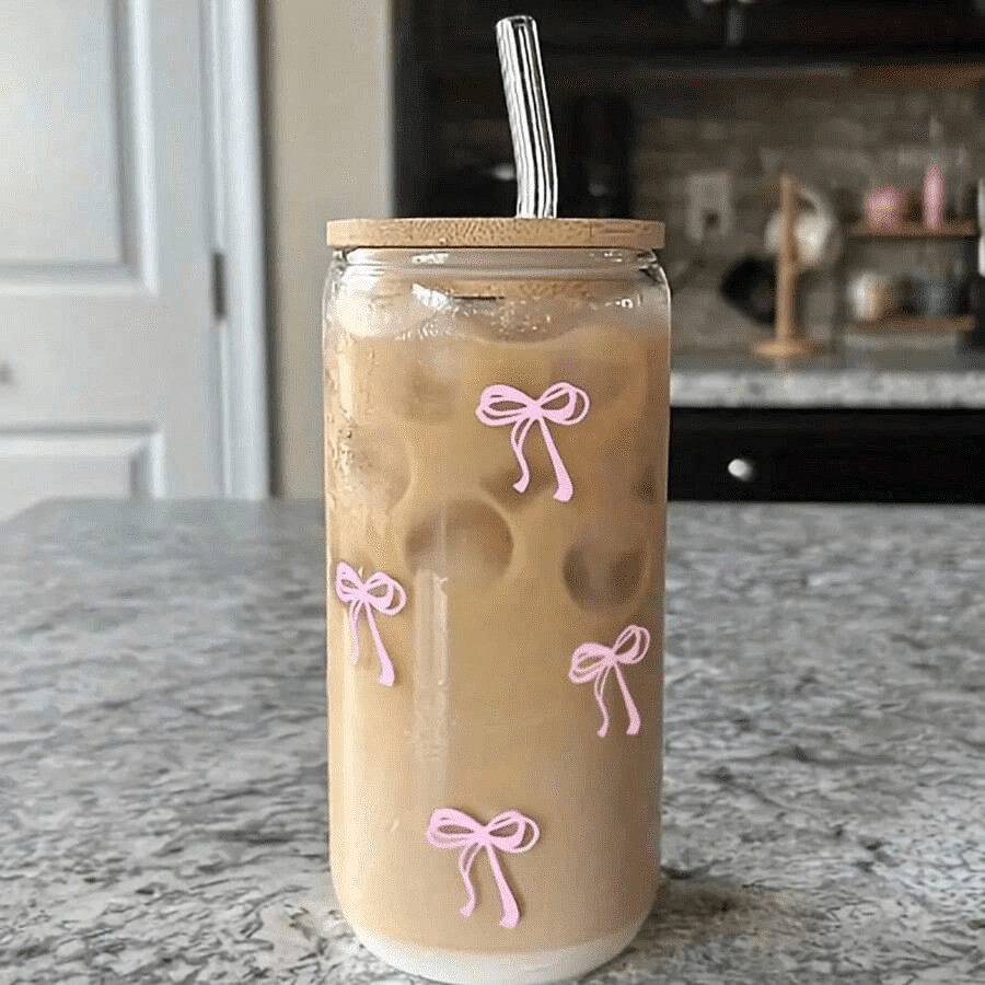 1 Peça Caneca De Café Transparente De 16oz Com Padrão De Laço Rosa, Tampa E Canudo De Bambu, Copo De Bebida Portátil Para Suco De Viagem Ao Ar Livre, Verão E Inverno, Presente De Aniversário, Festa E Natal Garrafa De Água | SHEIN