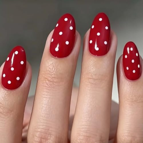 Red Press on Nails Short Almond Fake Nails Cute Valentines Nails Press ons with Polka Dot Design,Reusable Artificial Nail Full Cover Stick on Nails for Women Manicure 24Pcs | Amazon (US)
