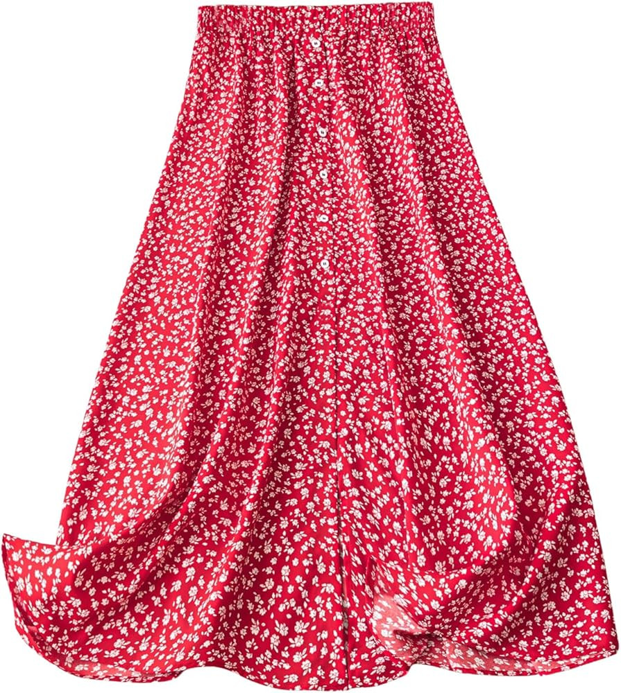 GORGLITTER Women's Floral Long Skirts Vintage Elastic High Waist Button Down Boho A Line Maxi Ski... | Amazon (US)