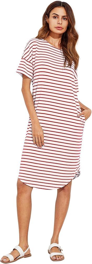 Floerns Women's Short Sleeve Drop Shoulder Pocket Stripe T Shirt Dress | Amazon (US)