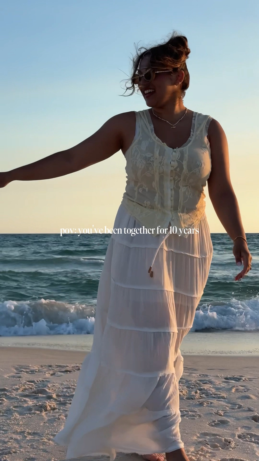 what i wore for our anniversary shoot 🤍 perfect for a beach vacation or date night !! this lace top is so romantic and dreamy ☁️ 

#LTKTravel #LTKMidsize