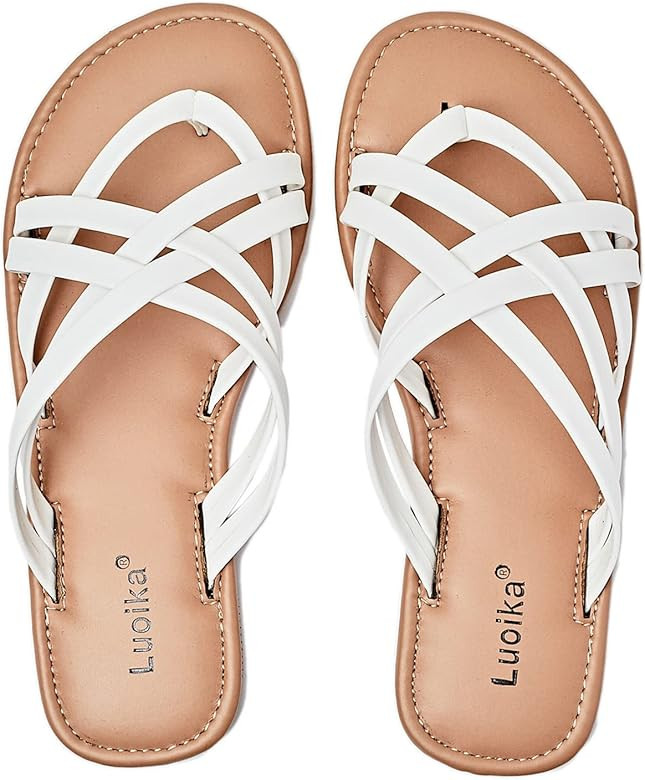 Luoika Women's Wide Width Flat Slides Sandals, Strapy Flip Flop Thong Sandal Casual Comfortable S... | Amazon (US)