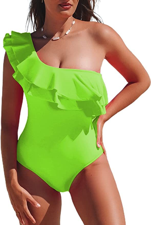 Hilinker Women's One Piece Swimsuit One Shoulder Ruffle Monokinis Bathing Suit | Amazon (US)