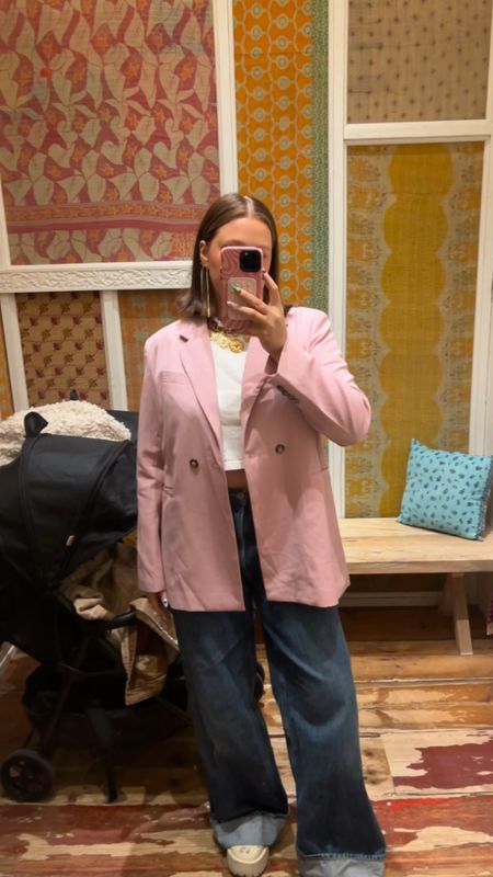 Blazer size large o went up one for a looser fit I love this one and have in three colors! Size down 1 in jeans love the length & wide leg. Amazon bow earrings. Brinker & Eliza jewelry buy linked similar!! Gucci clogs (my faves) I wear so so many times they’re so good 
