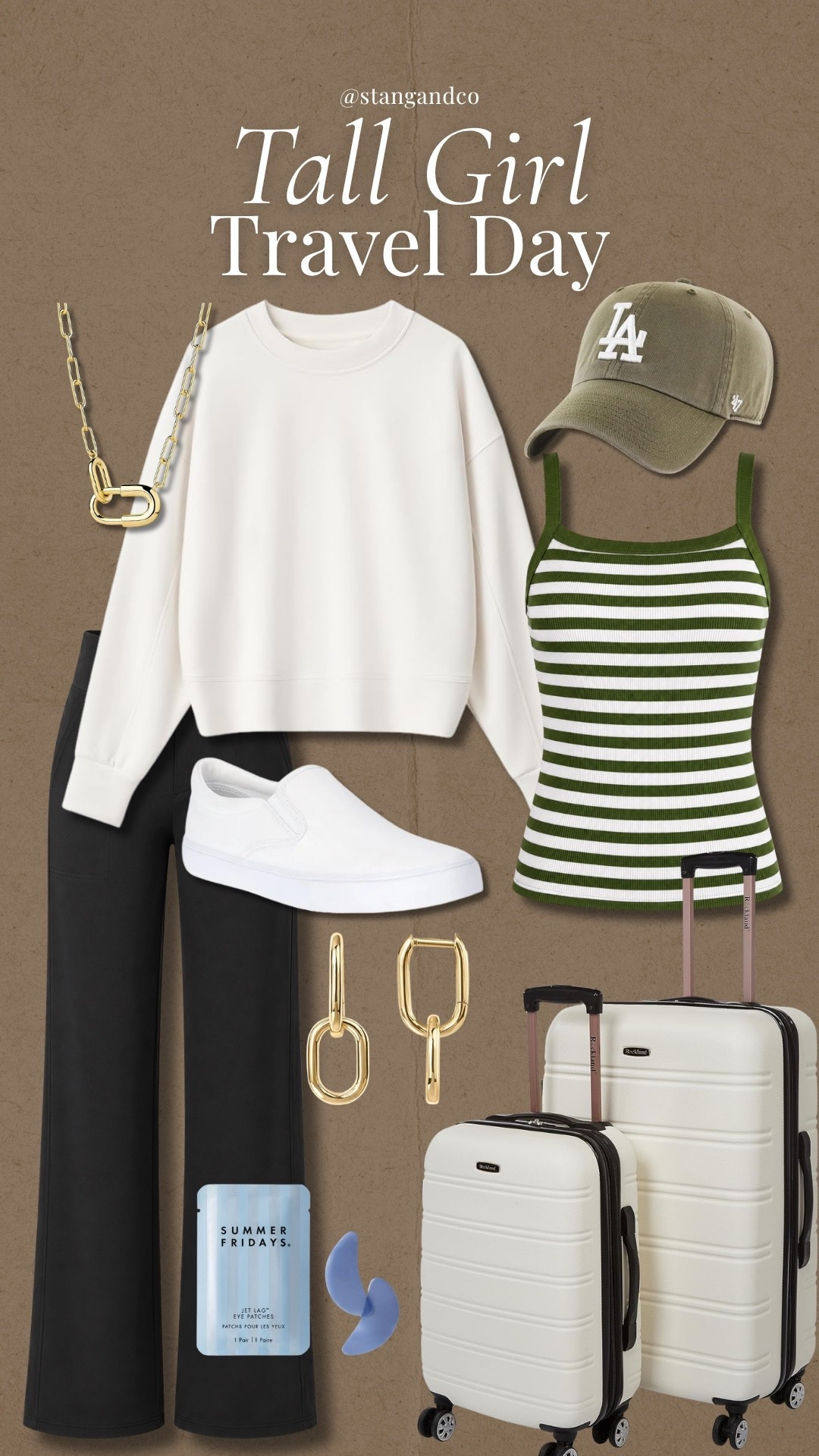 Tall girl travel day essentials that keep the airport outfit comfy without sacrificing style. Long black pants, an easy striped tank, sweatshirt, slip on sneakers and simple accessories make this an easy formula for your next trip.

tall girl travel outfit, airport outfit, tall girl pants, travel day outfit, airport style, comfortable travel outfit, long pants for women, travel essentials, carry on luggage, casual travel style, stangandco

#LTKTravel #LTKTall #LTKootd