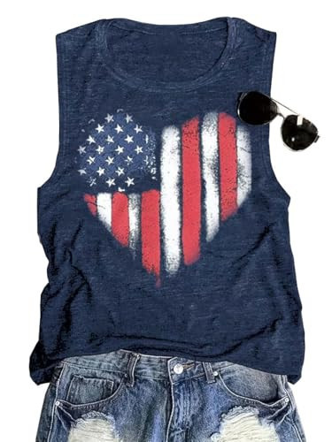 Womens American Flag Tank Tops Heart Print Patriotic Shirt USA Flag Stars Stripes Sleeveless T-Shirt 4th of July Tee Tops (Blue, M) | Amazon (US)