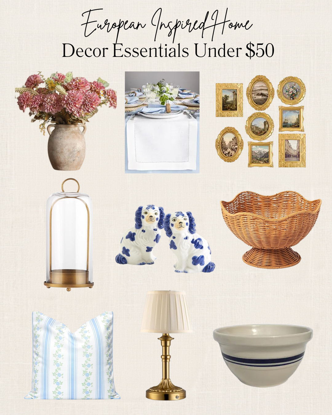 Creating a home that feels collected, timeless, and effortlessly beautiful doesn't have to mean spending a fortune.

Some of my favorite European-inspired spaces are layered with simple pieces—aged-looking pottery, soft linens, vintage-style frames, and natural textures that add warmth and character over time. The secret isn't filling a room with expensive decor; it's choosing a few thoughtfully curated pieces that look like they've been gathered throughout years of travel and living.

I've rounded up some of my favorite European-inspired decor finds, all under $50, that bring that relaxed French country charm into your home. These are the kinds of pieces I reach for again and again because they work in nearly every room—from kitchens and pantries to living spaces and entryways.

If you're trying to create that warm, welcoming, old-world feel without a designer budget, these affordable finds are a great place to start. 

#FrenchCountryDecor #EuropeanHomeDecor #CollectedHome #OldWorldStyle #FrenchCountryHome #AffordableHomeDecor #AmazonHomeFinds #EuropeanInspired #NeutralHomeDecor #LTKHome
 

 #LTKOver40 #LTKHome