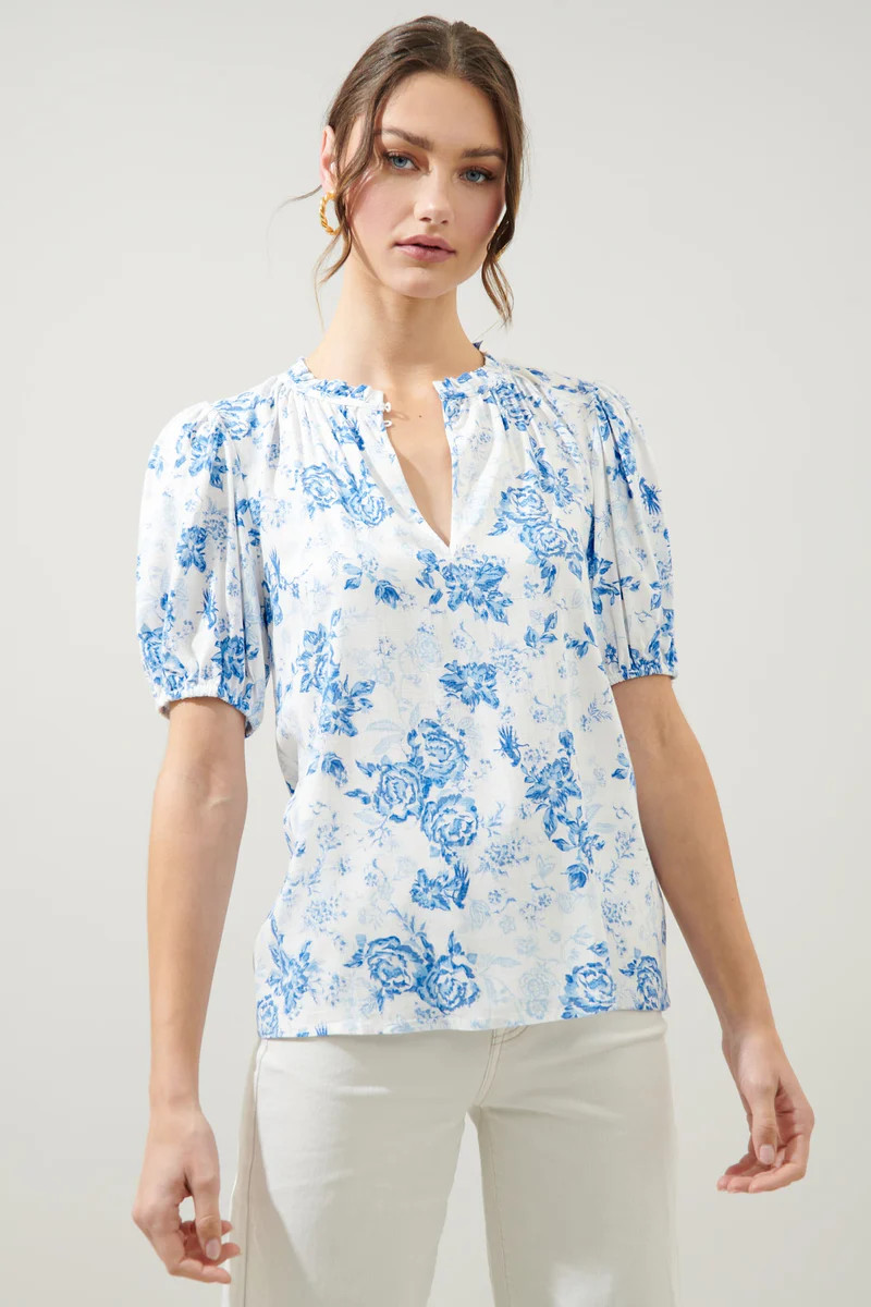 French Rose Luisa Split Neck Puff Sleeve Blouse | Sugarlips