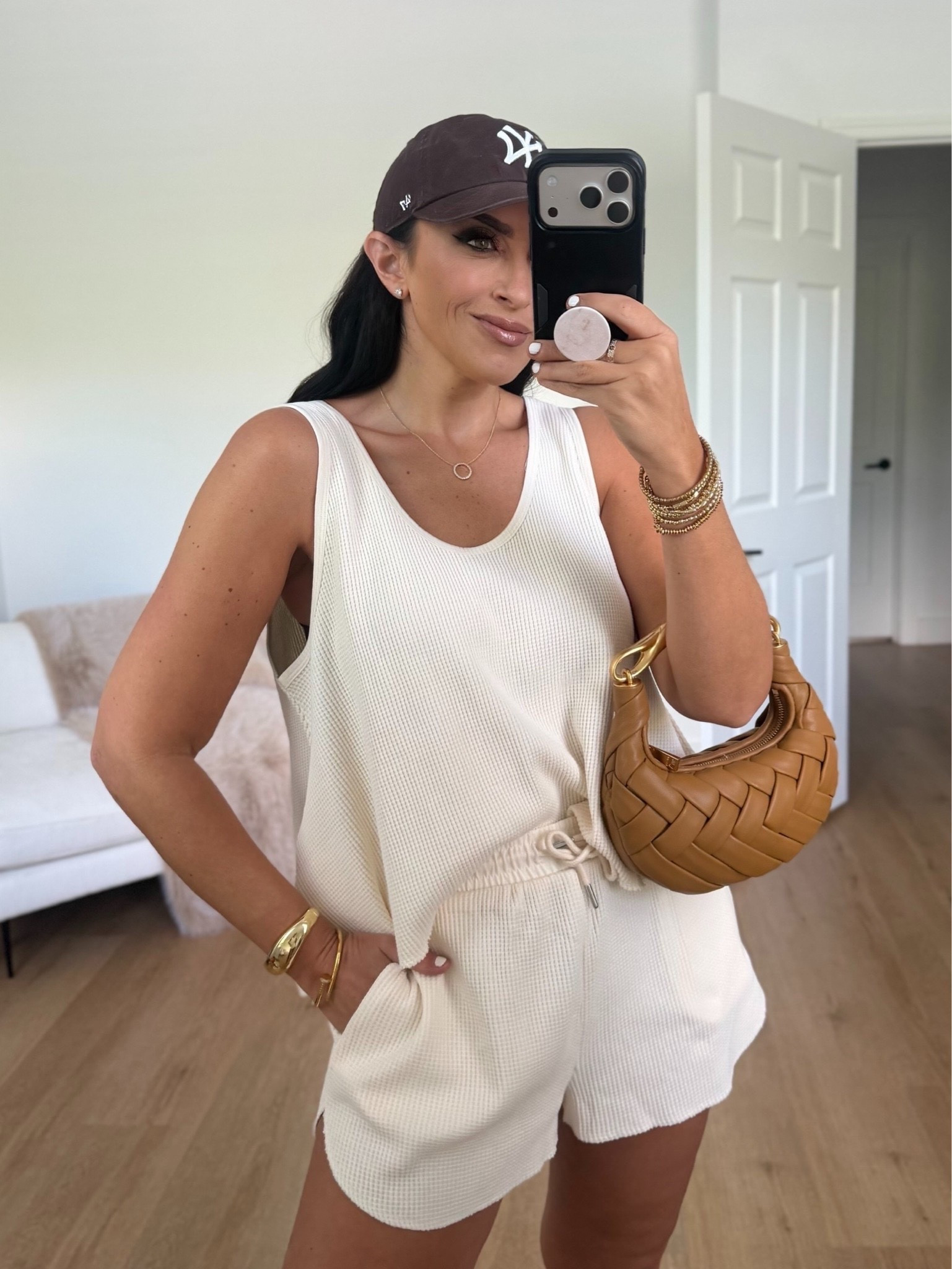 Zara Structured strap top wearing size small. Textured shorts wearing size small.