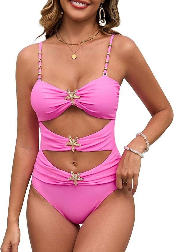 Women's One Piece Swimsuit, Cutout Ruched Bathing Suits, Color Block Swimwear with Starfish Accen... | Amazon (US)