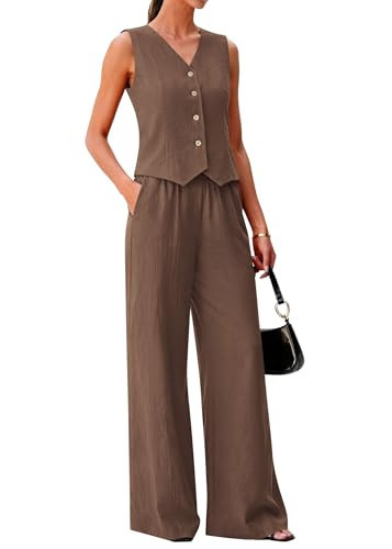 KIRUNDO Business Casual Outfits for Women Vest Tops Pant Suits Dressy 2 Piece Sets Summer Crop Blazer Wide Leg Work Pants(Coffee, Small) | Amazon (US)