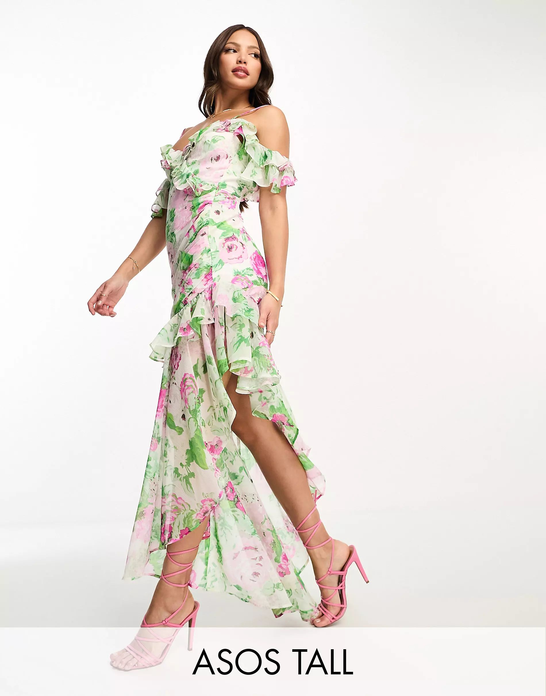 ASOS DESIGN Tall ruffle off shoulder assymetric maxi dress in floral print | ASOS (Global)