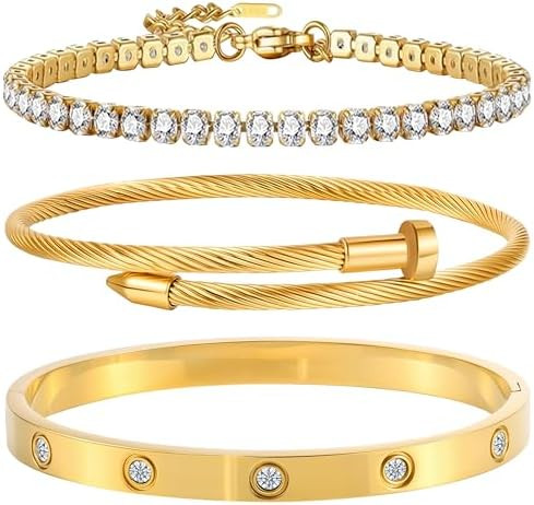 Gold Bracelets for Women-4Pcs/3Pcs,18K Gold Plated Bangle Tennis Bracelets Stack Set for Women Tr... | Amazon (US)