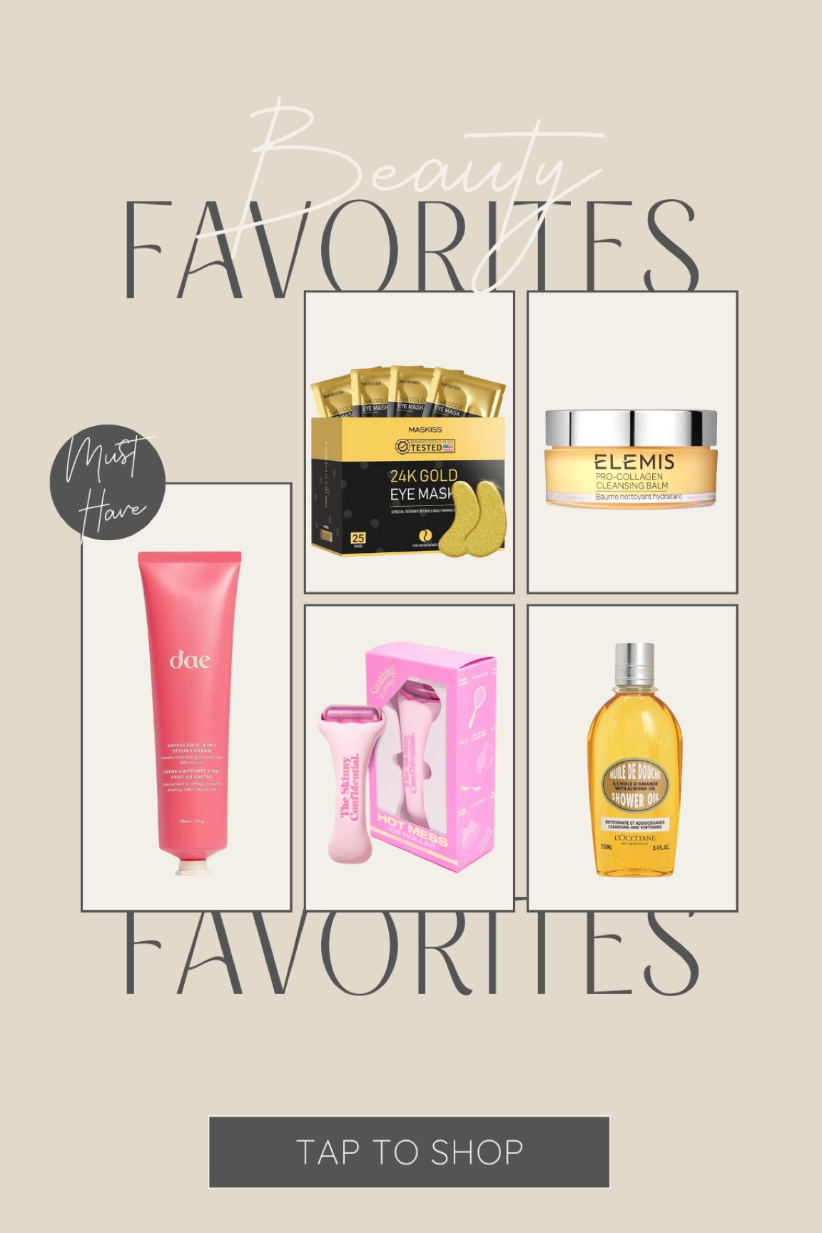 My Top 5 Beauty Must Haves | I love the ice roller for depuffing, the Dae styling cream is perfect for slicked back buns, the eye masks are a must in the mornings, the shower gel smells amazing, and the Elemis cleansing balm is my go-to makeup remover! 

#LTKBeauty