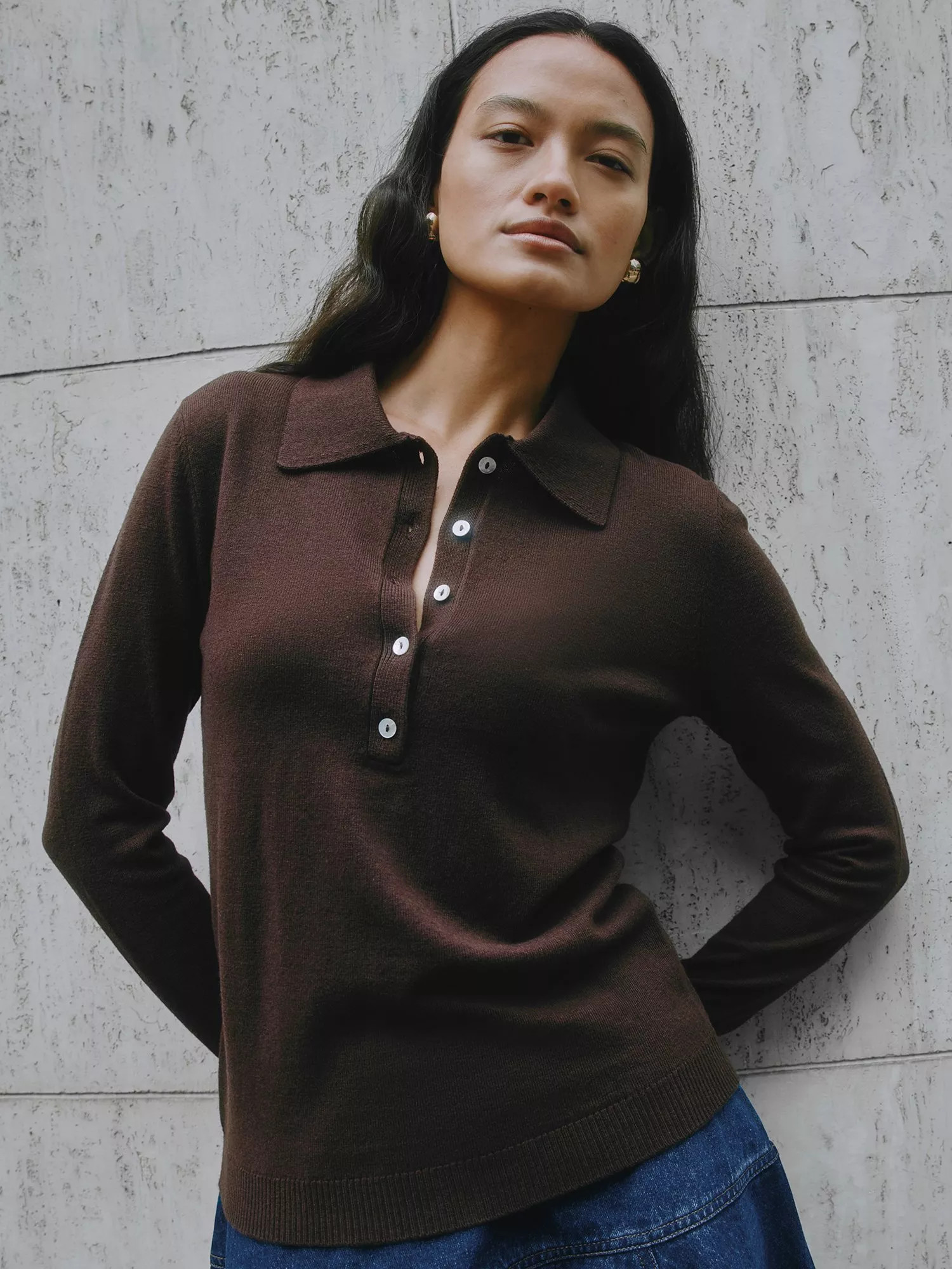 Albaray Fine Knit Polo Shirt, Chocolate | John Lewis (UK)