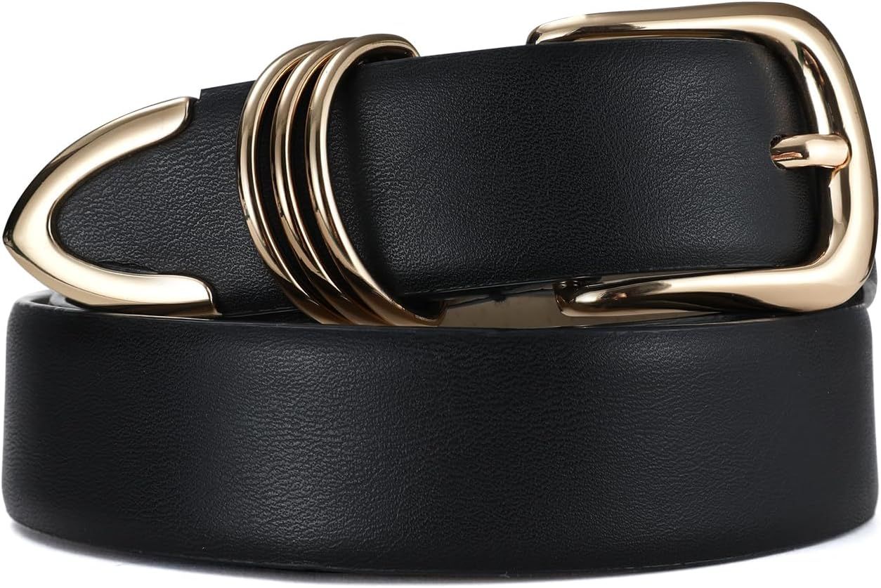 Women's Leather Belts for Jeans Dresses, Black Leather Waist Belt Fashion Ladies Belts with Gold ... | Amazon (US)