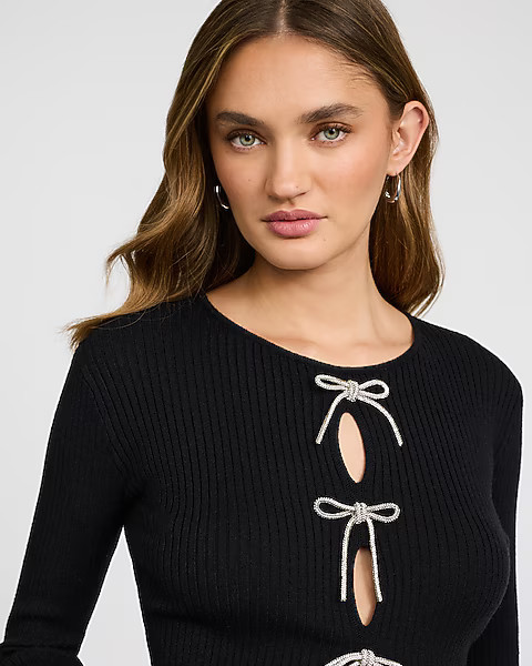 Ribbed Crew Neck Rhinestone Bow Cutaway Sweater | Express