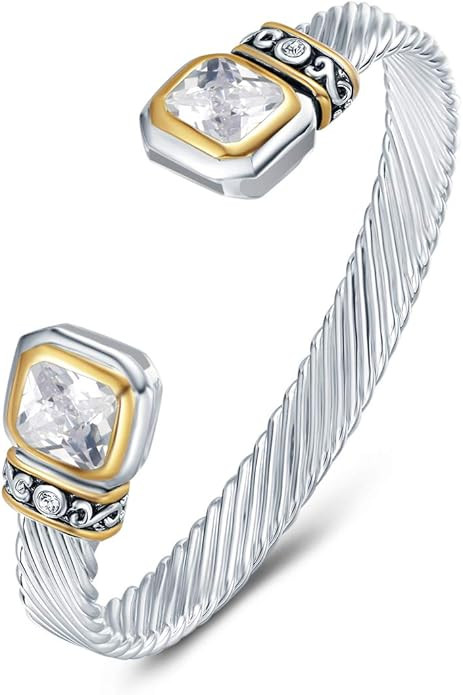 UNY Designer Inspired Jewelry Flat Cable Wire CZ Antique Bangle Beautiful Valentine (Clear) | Amazon (US)