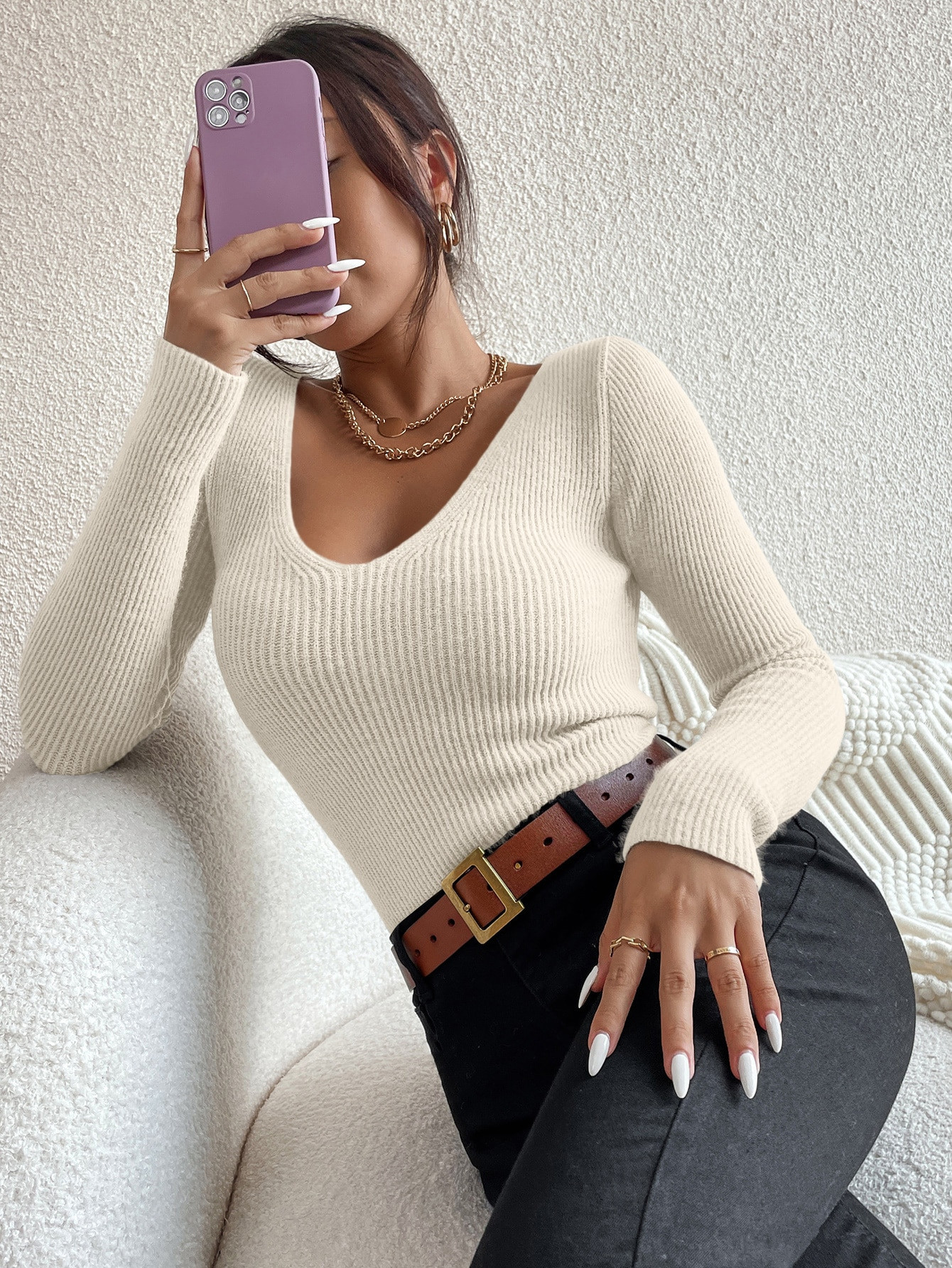Solid Rib Knit V Neck Sweater | SHEIN