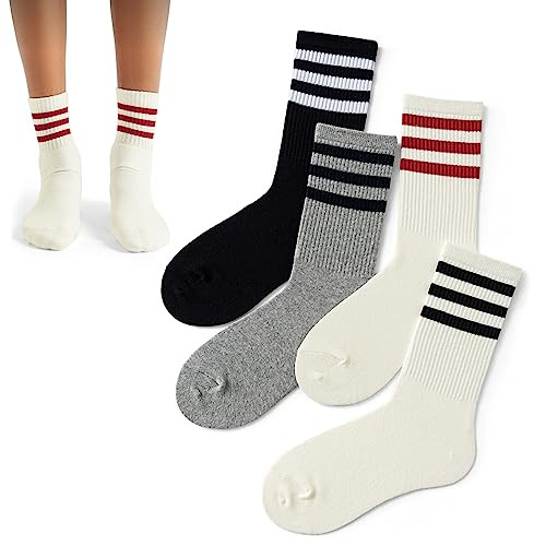 ForBaysy 4 PAIRS Retro Stripe Tube Socks Classic Athletic Sport Crew Socks For Women Casual Cotton Novelty Socks Unisex | Amazon (US)