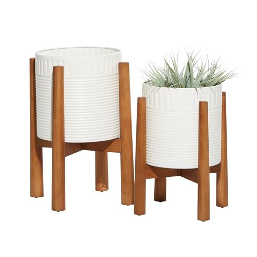 Deco 79 Metal Indoor Outdoor Planter Large Planter Pot with Removable Wood Stand, Set of 2 Planters 17", 15"H, White | Amazon (US)