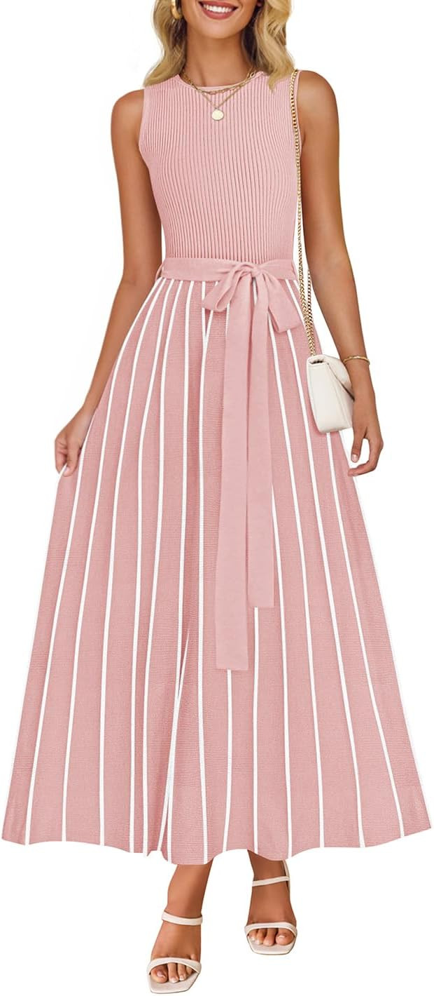 ZESICA Women's Summer Sleeveless Maxi Dress 2025 Crewneck Ribbed Knit Tie Waist Casual A Line Swe... | Amazon (US)