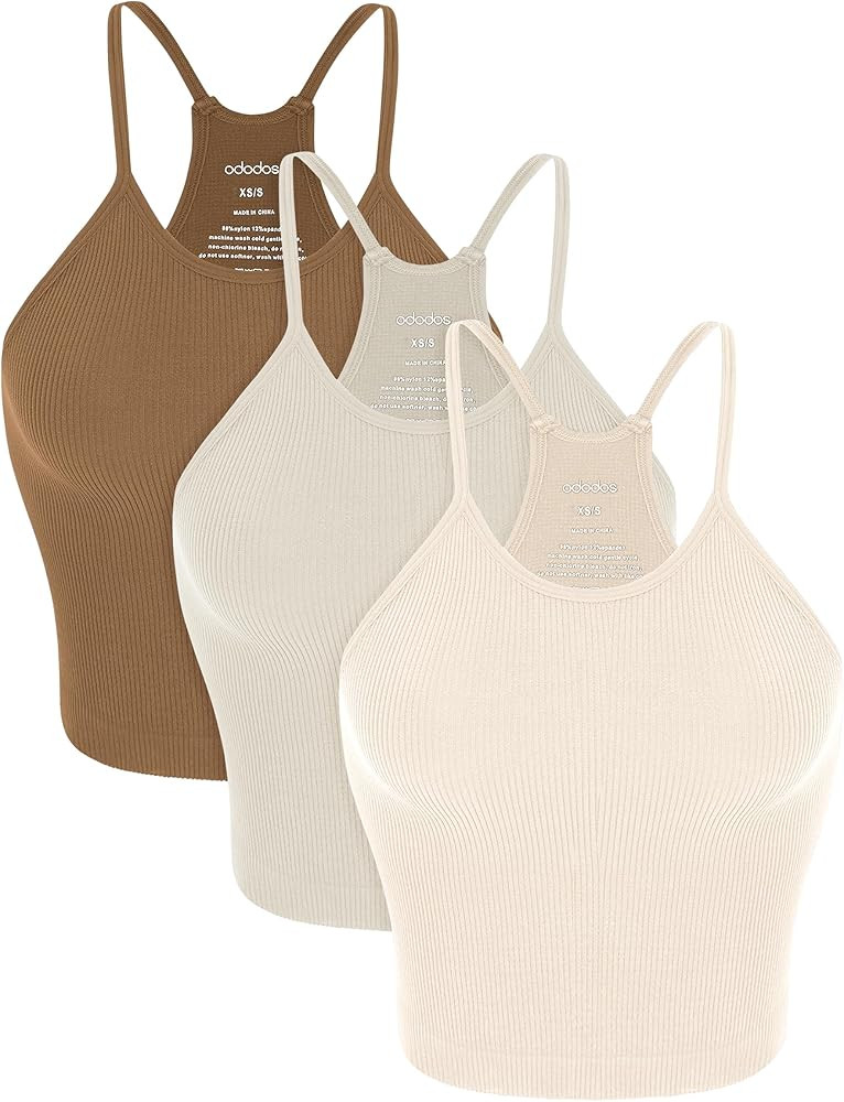 ODODOS Women's Crop 3-Pack Seamless Rib-Knit Camisole Crop Tank Tops | Amazon (US)
