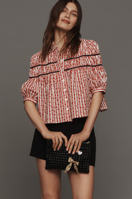 The Leandra Shirred Yoke Blouse by Maeve: Striped Hearts Edition | Anthropologie (US)