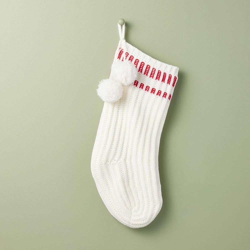 Hearth & Hand with Magnolia Border Stripe Rib Knit Christmas Stocking Cream/Red | Amazon (US)