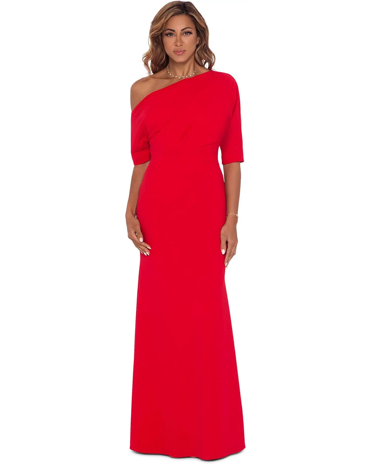 Long Scuba Crepe Over-the-Shoulder Gown | Zappos