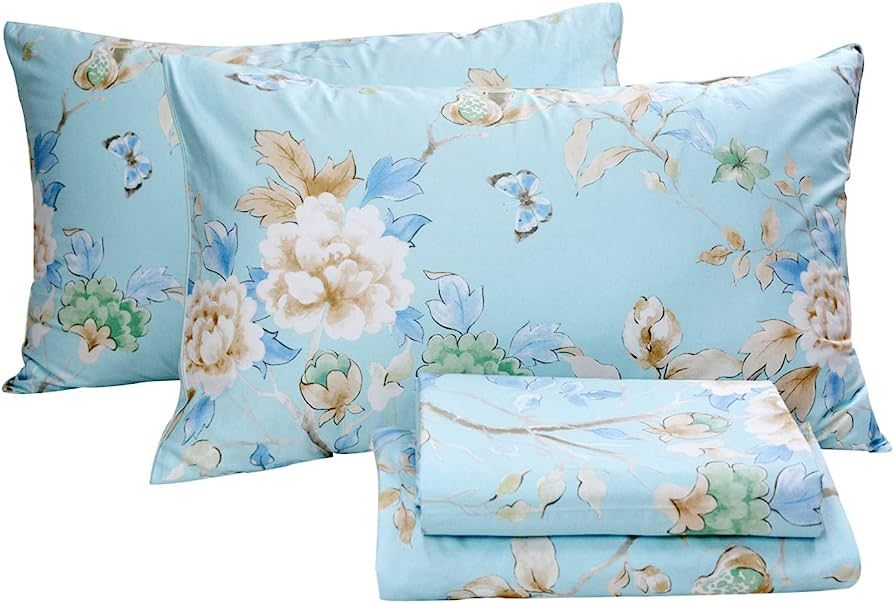 FADFAY Floral Bedding Shabby Blue Bird Print Bed Sheet Set Luxury Bedding Collections 800 Thread Cou | Amazon (US)