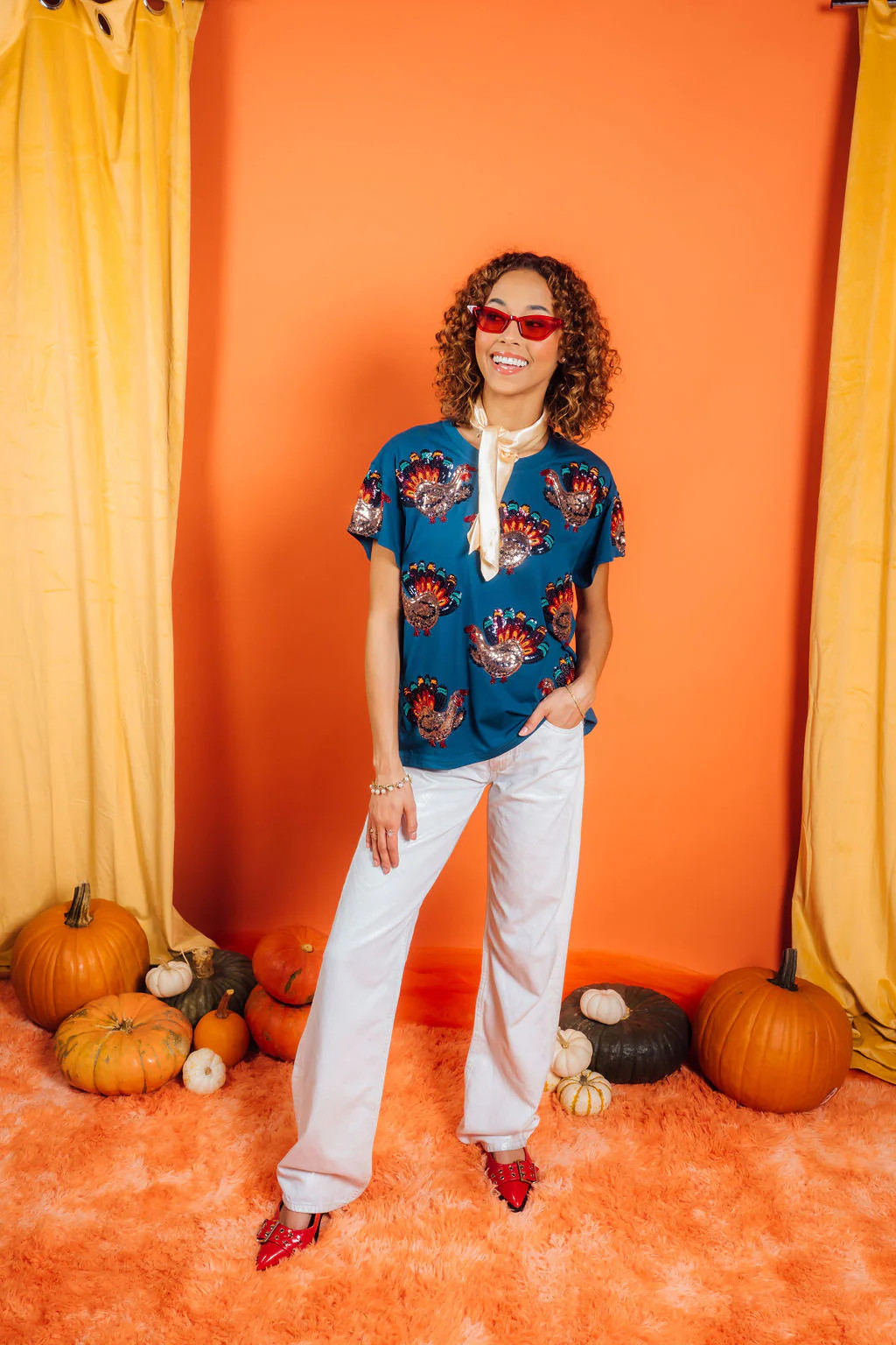 Dark Blue Beaded Turkey All Over Tee | Queen of Sparkles