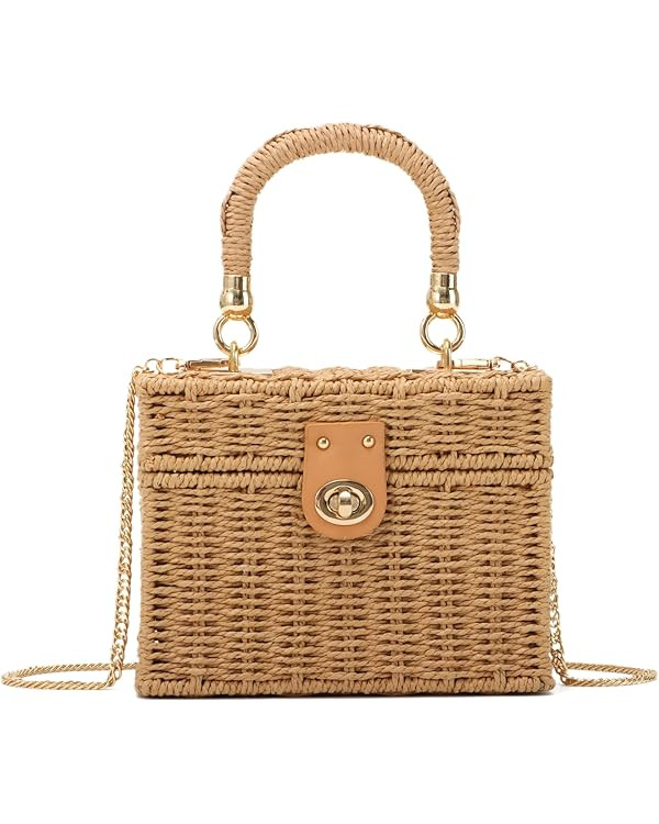 Women Handwoven Rattan Square Tote Straw Basket Bag Ladies Summer Beach Bag Wicker Shoulder Bag | Amazon (UK)