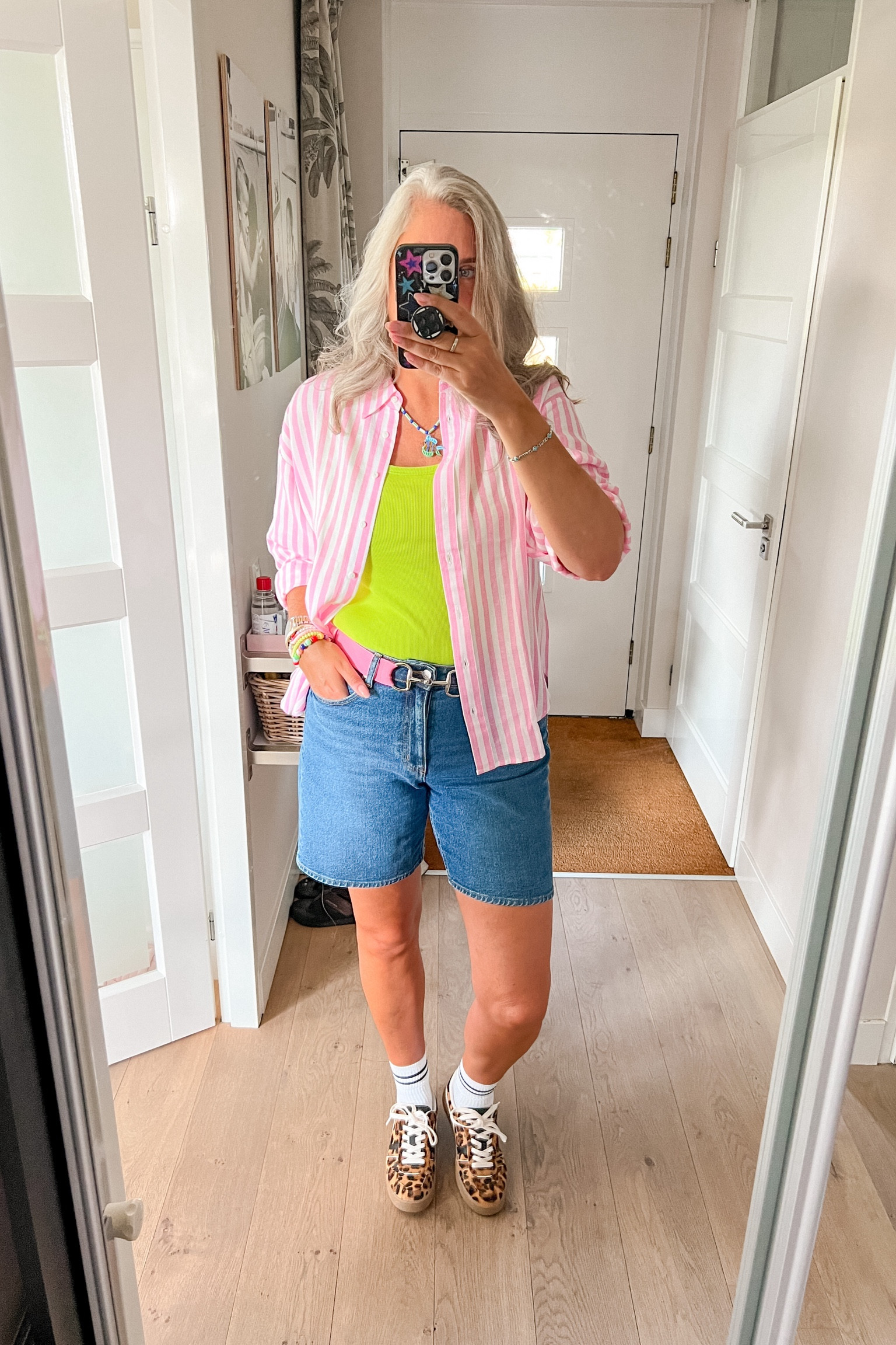 Ootd - Thursday. Lime green tank top (Hema), pink striped linen shirt, glass bead necklace, pink elastic belt, denim shorts, crew socks and leopard sneakers. 

#LTKsummer #LTKeurope #LTKnederlands