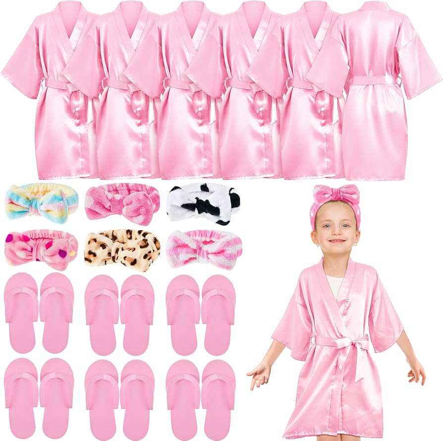Jecery 18 Pcs Spa Party Supplies for Girls 6 Satin Kimono Robe 6 Spa Headband 6 Disposable Foam P... | Amazon (US)