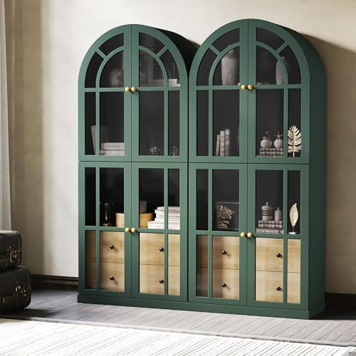 HLR Arched Bookcase,71’’Tall Arched Cabinet with Glass Door Drawers and Shelves, Kichen China Pantry for Living Room,Dining Room (Green，2piece) | Amazon (US)