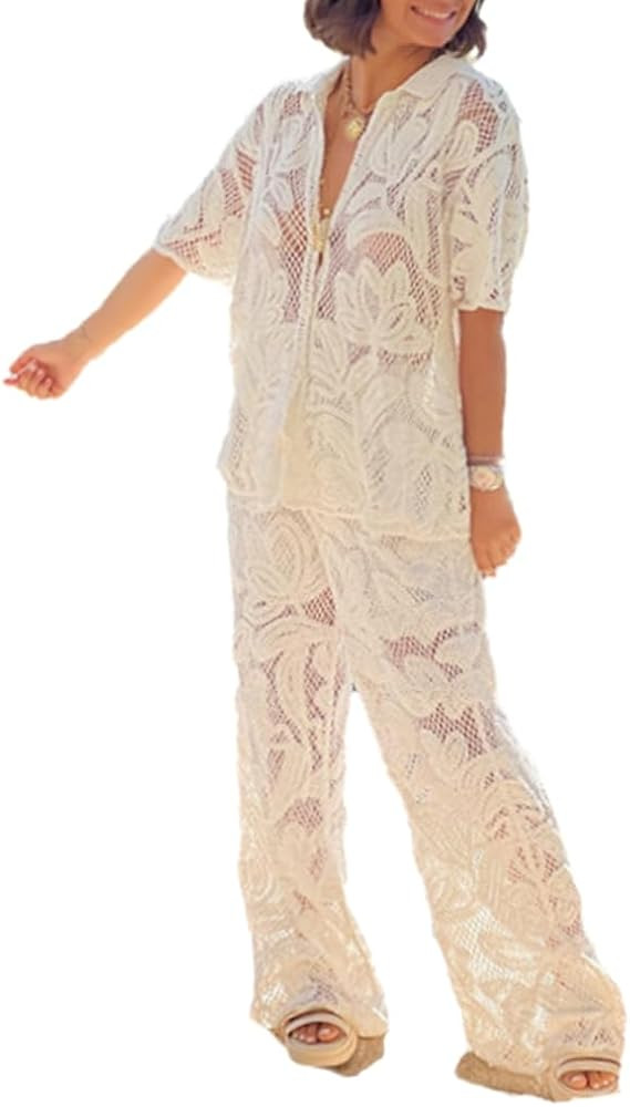 Vacation Outfits Button Down Lace Shirt with Wide Leg Pants Crochet Sets Two Piece Women Cover Up | Amazon (US)