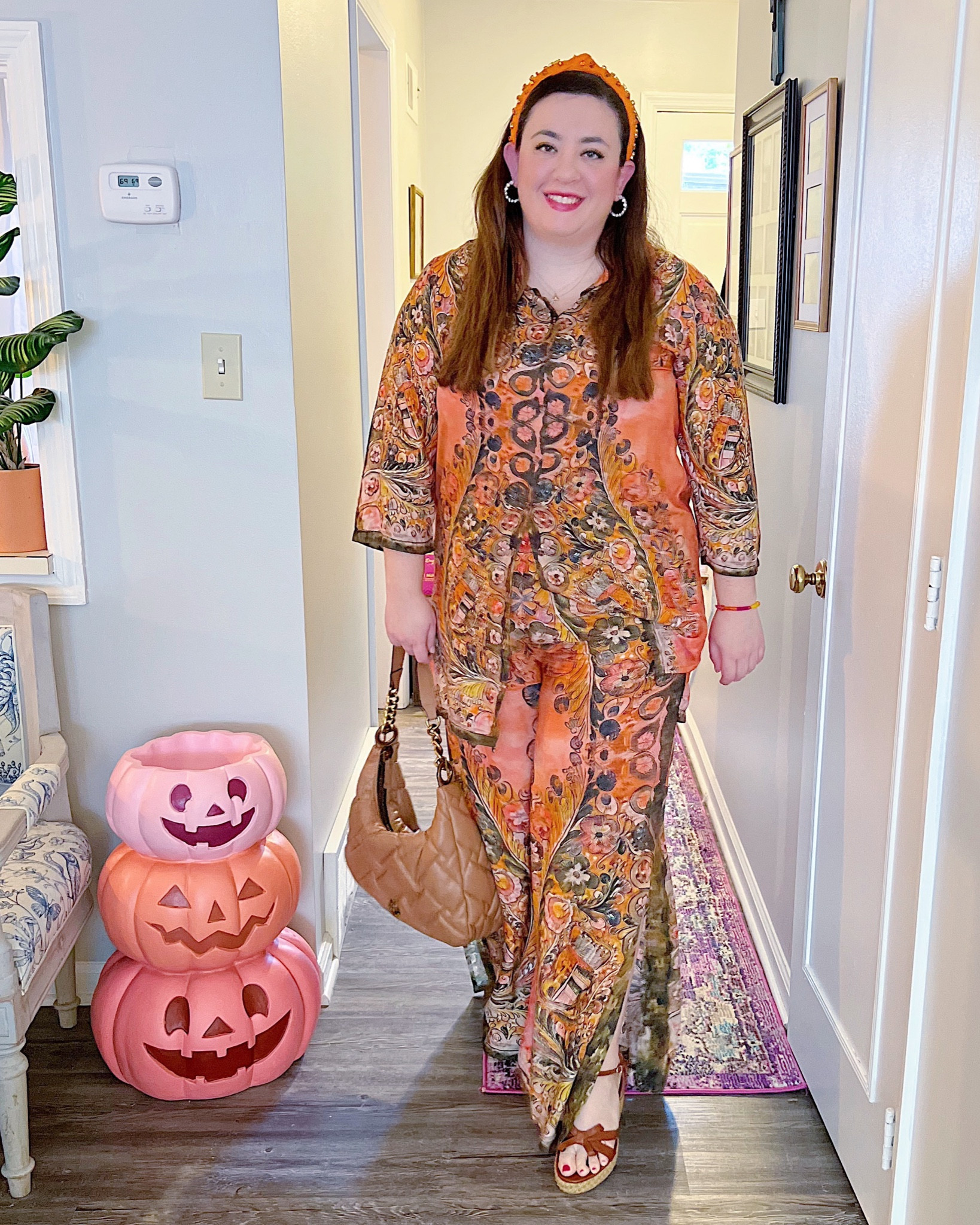 Palazzo pants, matching set, matching button down shirt and wide leg pants set, boho outfit, bohemian outfit, printed pants, button down tunic top

#LTKSeasonal #LTKunder100 #LTKmidsize