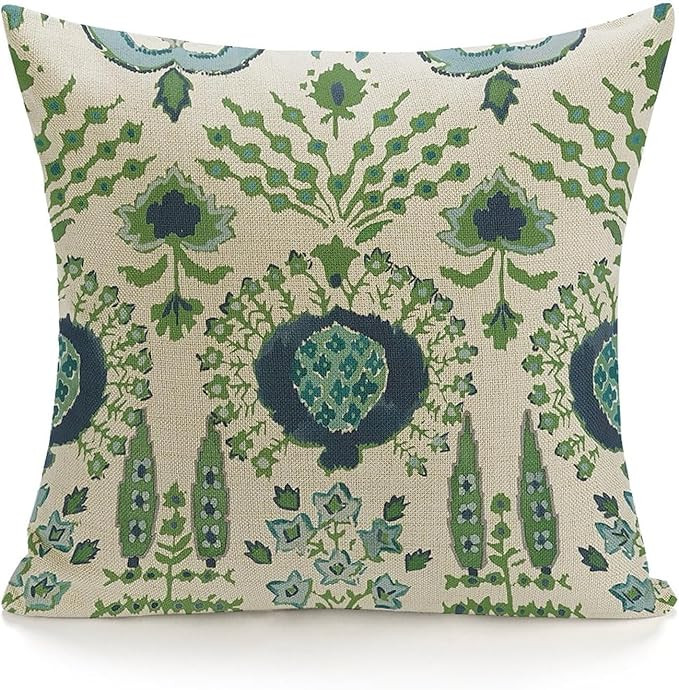 POMOTER Chinoiserie Pillow Cover 18"x18" Thibaut Green Blue Pillow Covers Linen Flower Throw Pill... | Amazon (US)