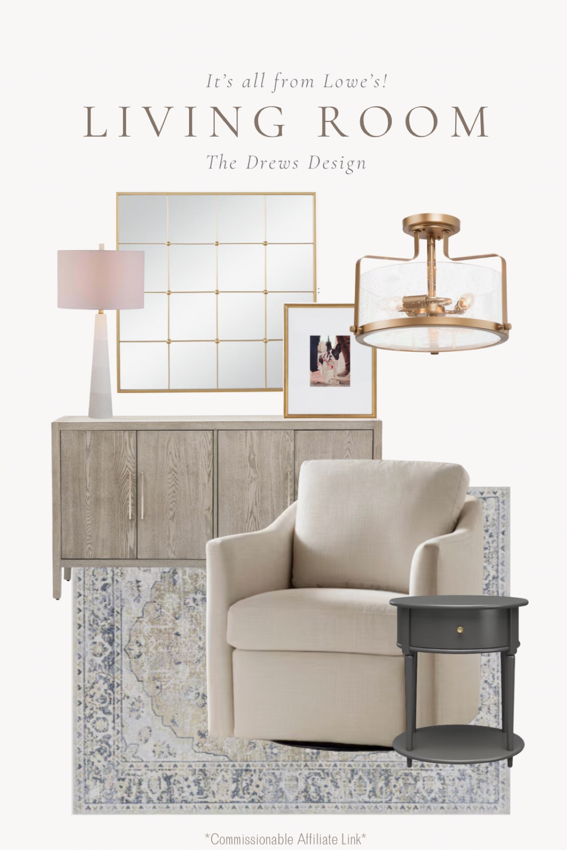 #ad Simple & classic sitting room or living room design. I sourced everything from Lowe’s! I love the alabaster lamp, brass flushmount, and upholstered chair. This sideboard is perfect for extra storage in a dining room or living room! 

Sometimes the simplest changes make the biggest impact! Whether it is upgrading old builder-grade lighting, finding the perfect wallpaper, or the choosing right rug for your home, @loweshomeimprovement is a great source to find all things interior! 

 #lowespartner @loweshomeimprovement @shop.ltk #liketkit #homerefresh

#LTKStyleTip #LTKHome #LTKSaleAlert