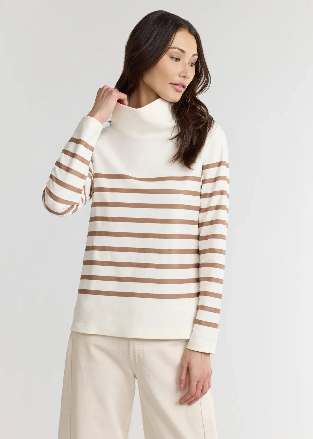Greenpoint Turtleneck in Terry Fleece (Cream/Camel Placed Stripe) | Dudley Stephens