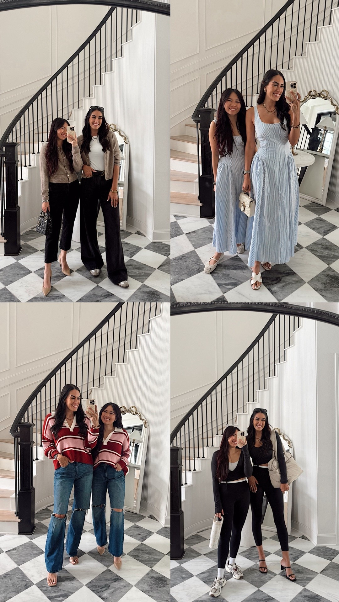  Outfit 1
Annie- Cardigan Small & Jeans 26 Petite
Margret- Cardigan Small & Jeans 26 Tall 

⭐️Outfit 2
Annie- Dress Small Petite
Margret- Dress Small Tall

⭐️ Outfit 3
Annie- Top Small & Jeans 26 Petite
Margret- Top Small & Jeans 26 Tall 

⭐️ Outfit 4
Annie- Wrap Small & Leggings Small Short Petite
Margret- Wrap Small & Leggings Small Short Petite
