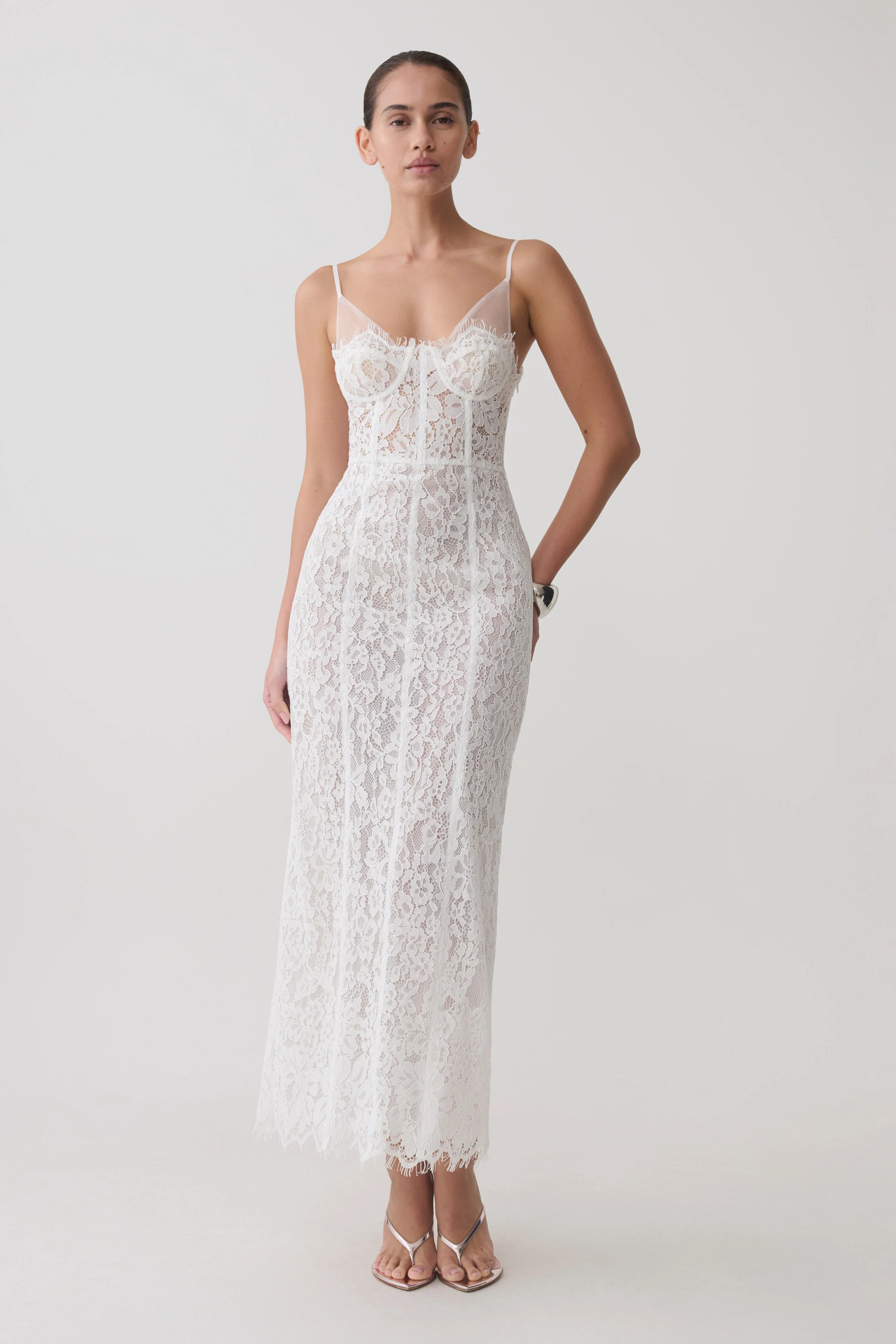 Ottilie Lace And Mesh Midi Dress - White | Meshki UK