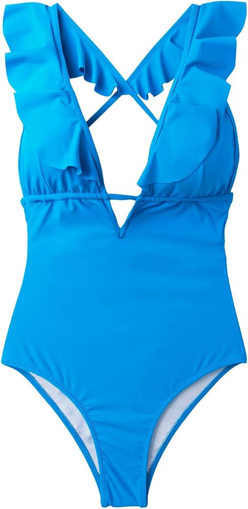 CUPSHE Women's One Piece Swimsuit Ruffle Deep V Neck Strappy Swimwear Bathing Suits | Amazon (US)