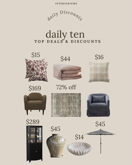 Daily 10, top favorite deals and discounts from Amazon Amazon, Walmart, Wayfair, accent chair on sale, throw pillows on sale, gingham bedding from Amazon, tall cabinet, umbrella at an incredible price, scallop marble bowl, large face, area rug

#LTKSaleAlert #LTKStyleTip #LTKHome