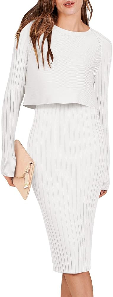 ANRABESS Women Casual Two Piece Outfits Long Sleeve Ribbed Knit Crop Top and Bodycon Midi Dresses... | Amazon (US)